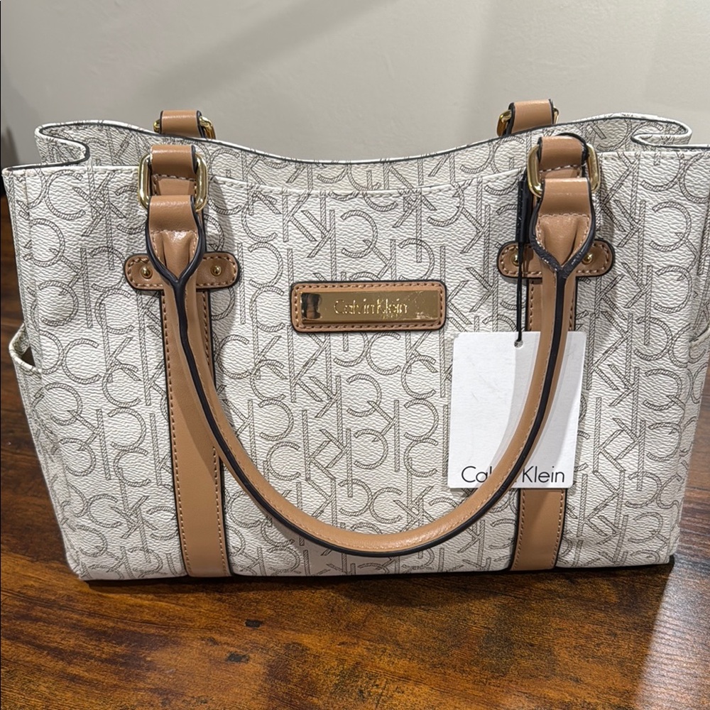 Calvin Klein Cream and Tan Tote with Signature Style - Picture 3 of 3